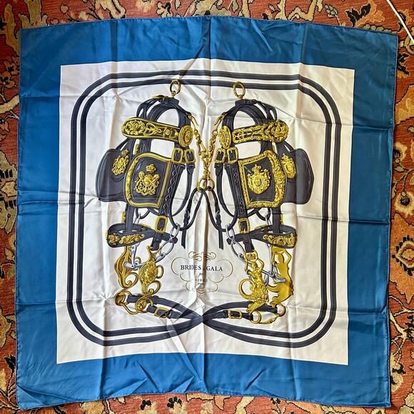 Vintage Hermès Brides de Gala Silk Scarf, Navy 35in x 35in with Original Box - Picture 2 of 7